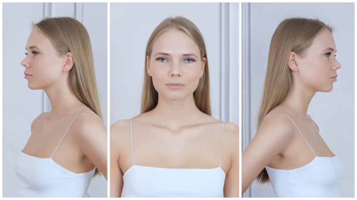 Blonde female model with natural look in profile and front view
